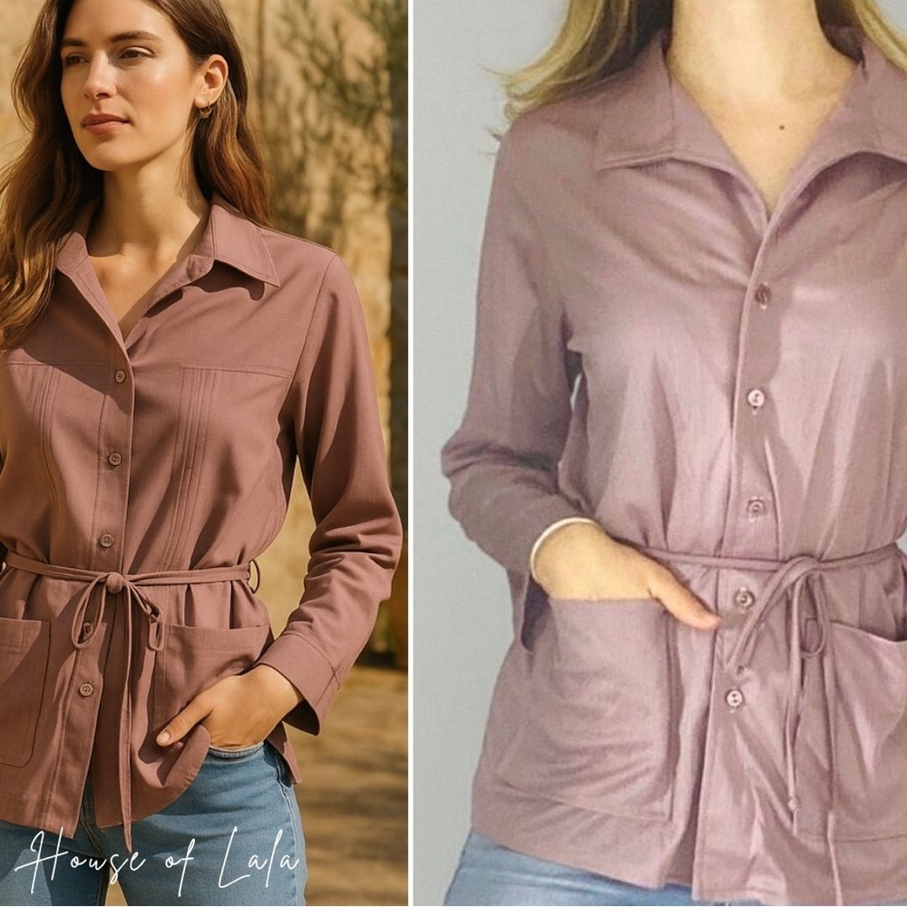 VINTAGE 70s mauve button down long sleeve top tie waist